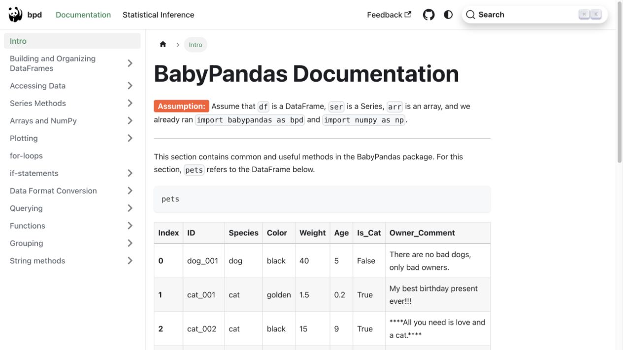 The live BabyPandas documentation, showing its topic navigation and a sample DataFrame.